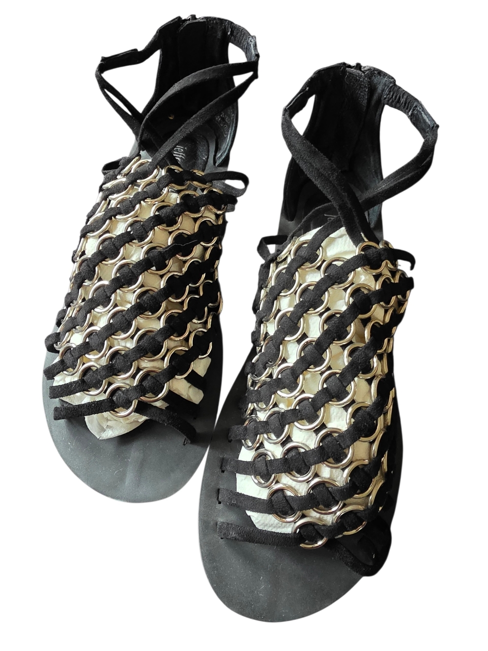 Women's Black Gladiator Sandals with Silver Chain Detail